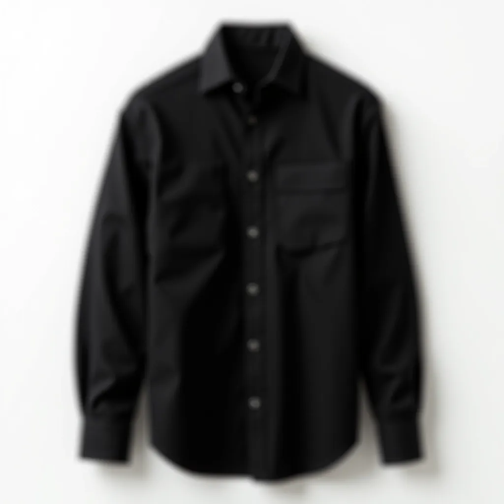 Black cotton jacket shown buttoned and angled, studio lighting highlighting fabric drape and seaming details, professional product photography