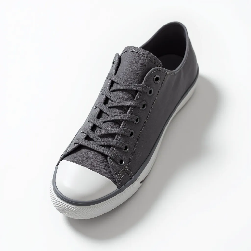 Urban canvas sneaker displayed on clean white surface, showing charcoal grey color and detailed stitching, top-down view with natural studio lighting