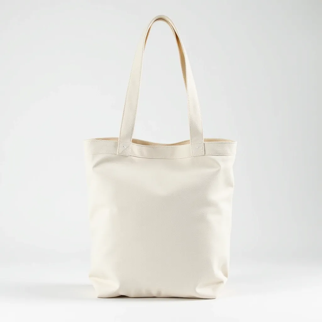 Cream canvas tote standing upright on white background, handles naturally draped, showing front and side profile with visible stitching details