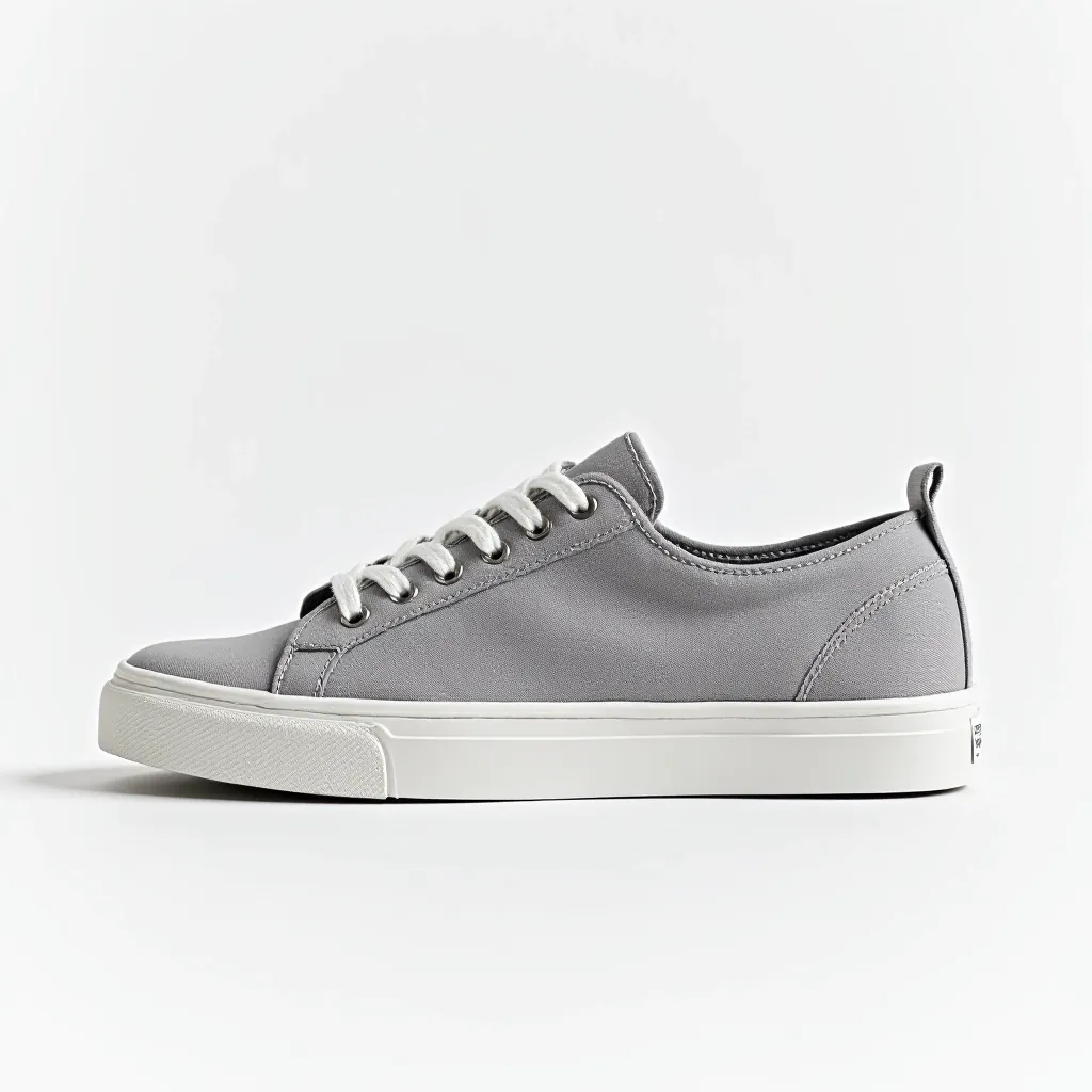 Grey canvas sneaker shown from side angle, studio lighting revealing texture, sharp focus on entire shoe with sole visible