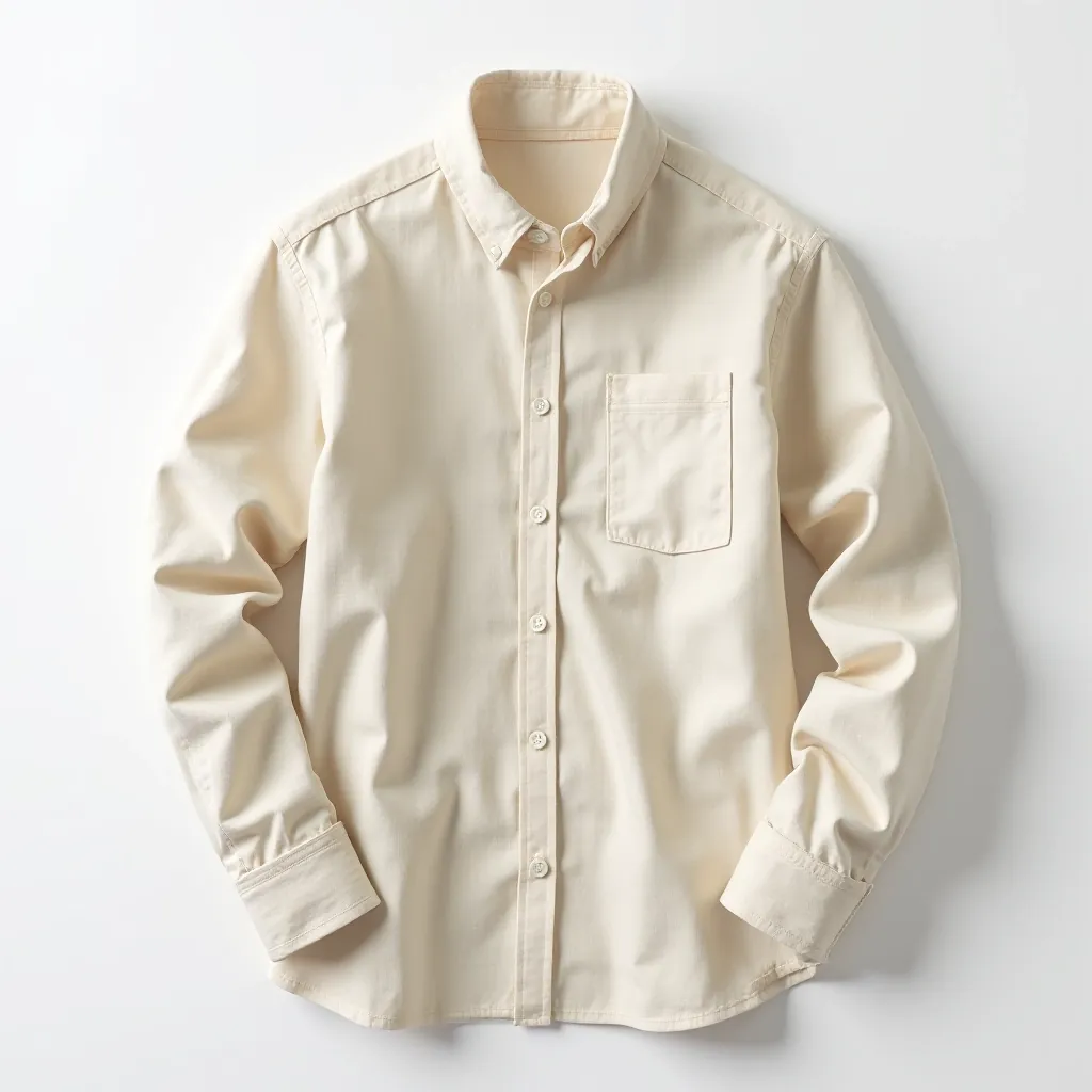 Natural beige linen button-up shirt with mother-of-pearl buttons, crisp studio lighting on white background