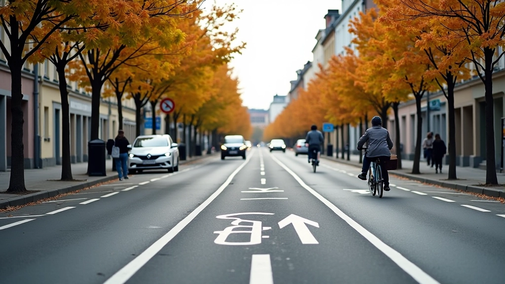 Tallinna jalgrattaraja eriline märgistus, sügisene ilm, puud, linnamaastik